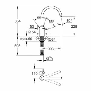 Grohe Eurosmart Cosmopolitan hoge uitloop afmetingen