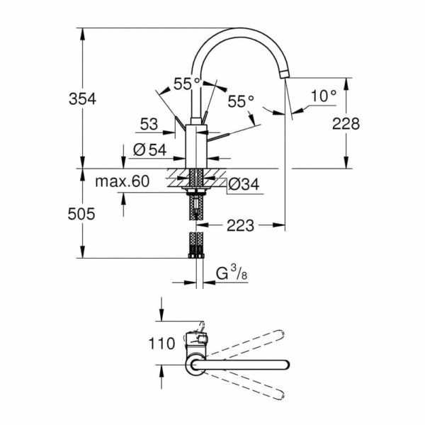 Grohe Eurosmart Cosmopolitan hoge uitloop afmetingen
