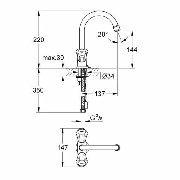 afemetingen GROHE Costa L wastafelkraan