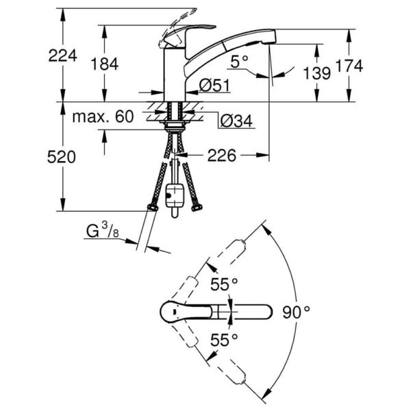 afmetingen Grohe Eurosmart uittrekbare uitloop