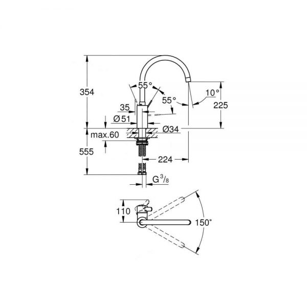 Afmetingen GROHE Eurosmart Cosmopolitan keukenmengkraan hoge uitloop supersteel | 32843DC2
